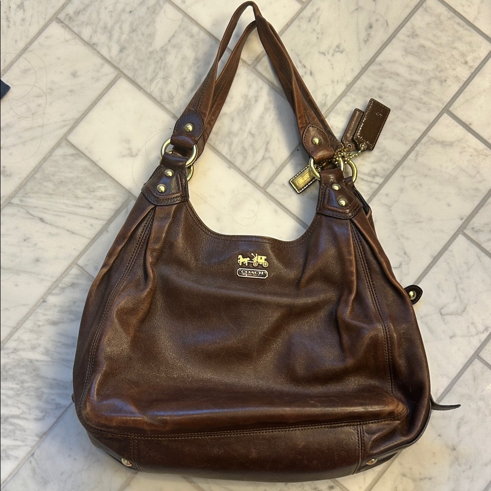 Coach Brown Leather Shoulder Bag with Brass Hardware